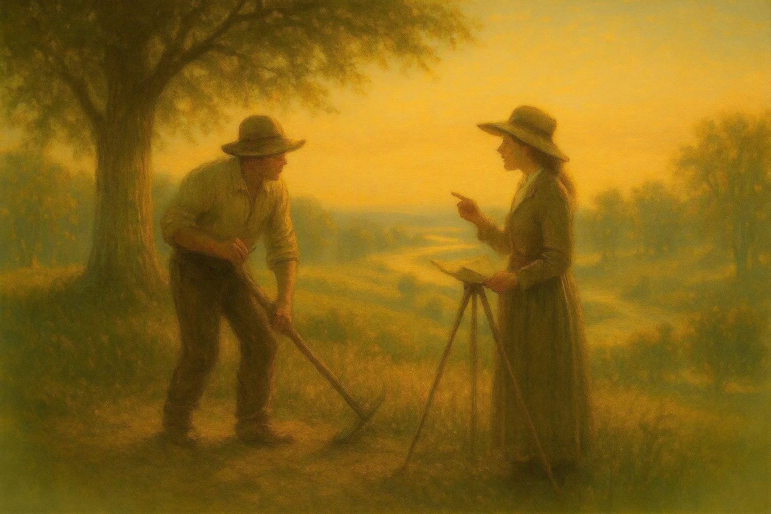 An outdoor scene at sunset with a man and woman, both wearing hats, standing near a tree. The man is holding a gardening tool, and the woman appears to be giving instructions or explaining something, holding a book or folder on a tripod.