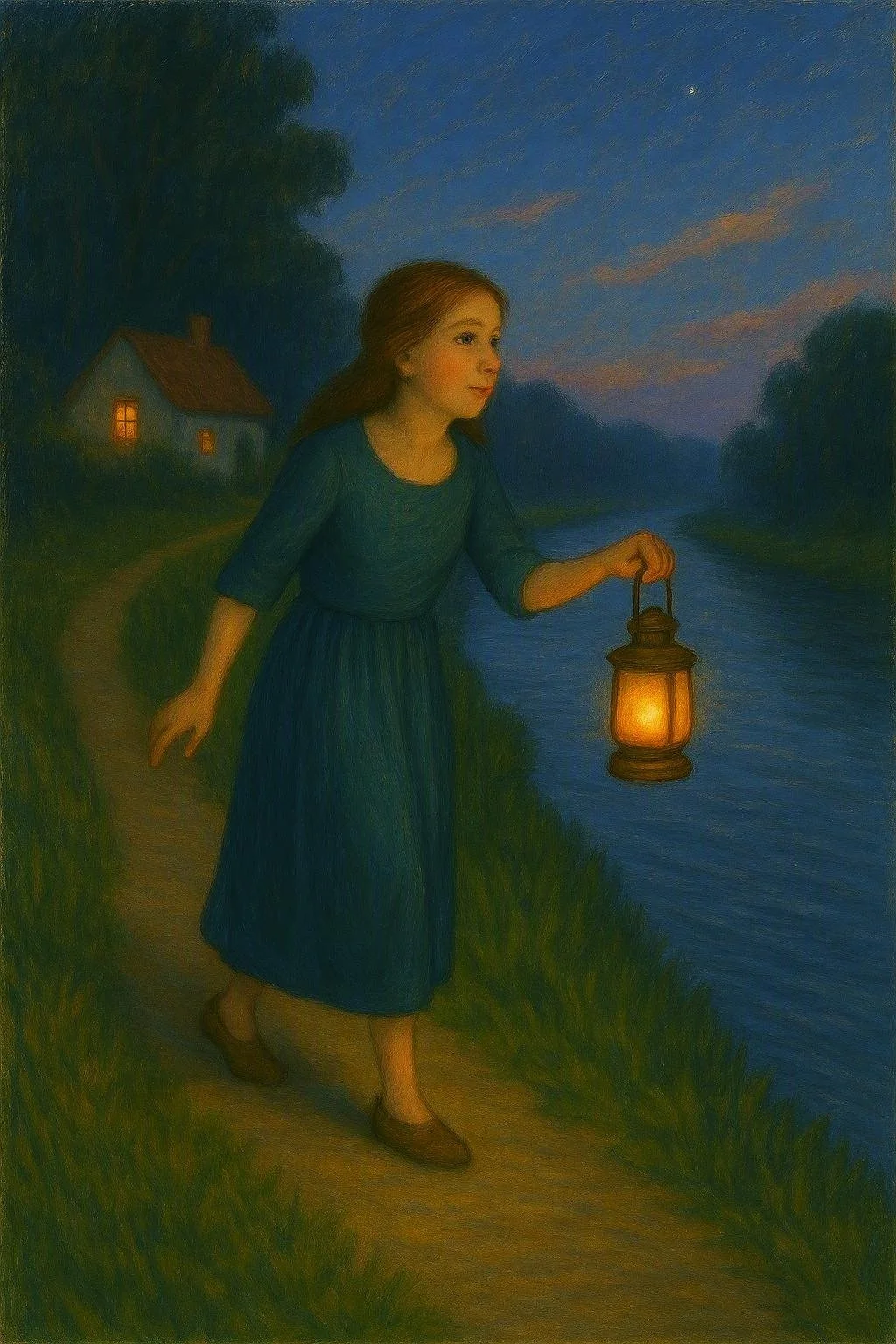 Painting of a young girl dressed in a blue dress, holding a lantern by a river at dusk, with a house and trees in the background.