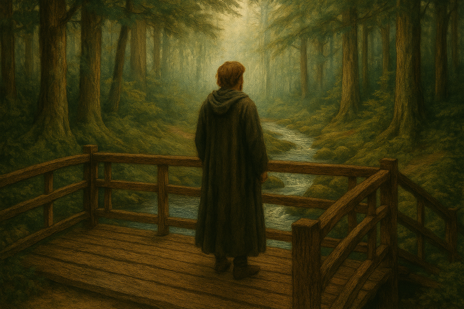 A man in a dark coat stands on a wooden bridge overlooking a lush, green forest with a small stream flowing beneath. The scene is peaceful and misty, with tall trees and dense foliage.