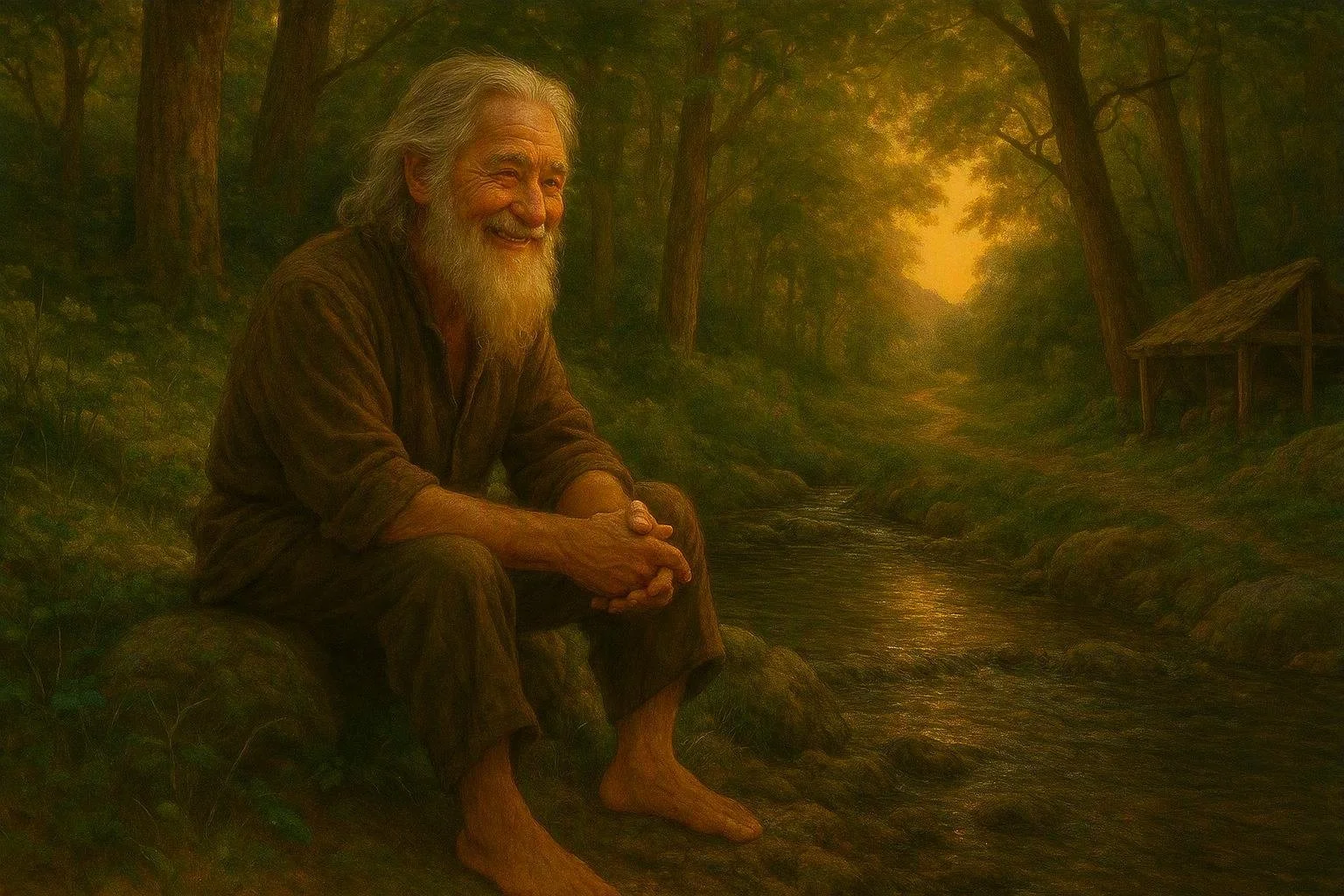An elderly man with long gray hair and beard, smiling, sitting barefoot on a rock by a creek in a forest at sunset.