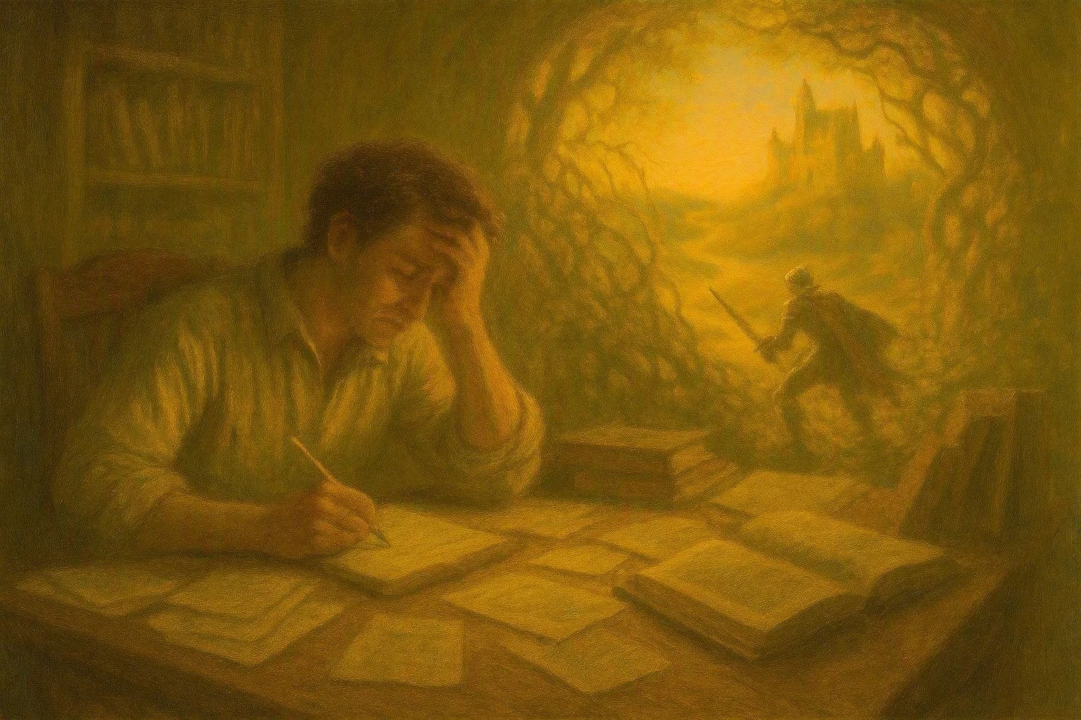 A person sitting at a desk with papers and books, resting their head in their hand while looking down in thought, with a mural of a soldier holding a rifle and a city skyline in the background.