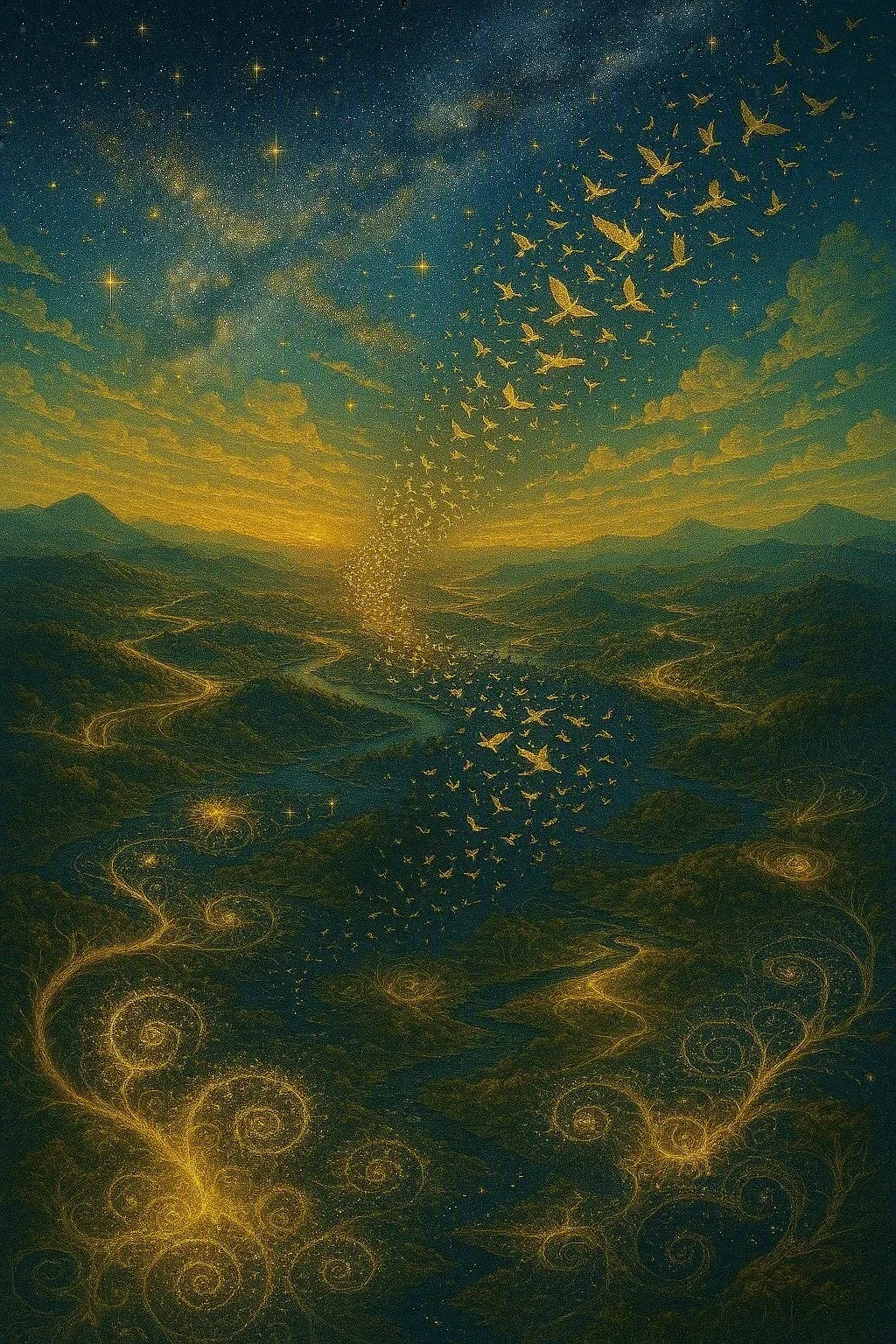 A surreal art scene depicting a sky filled with golden birds and stars over a landscape with swirling, glowing patterns and mountains in the distance.