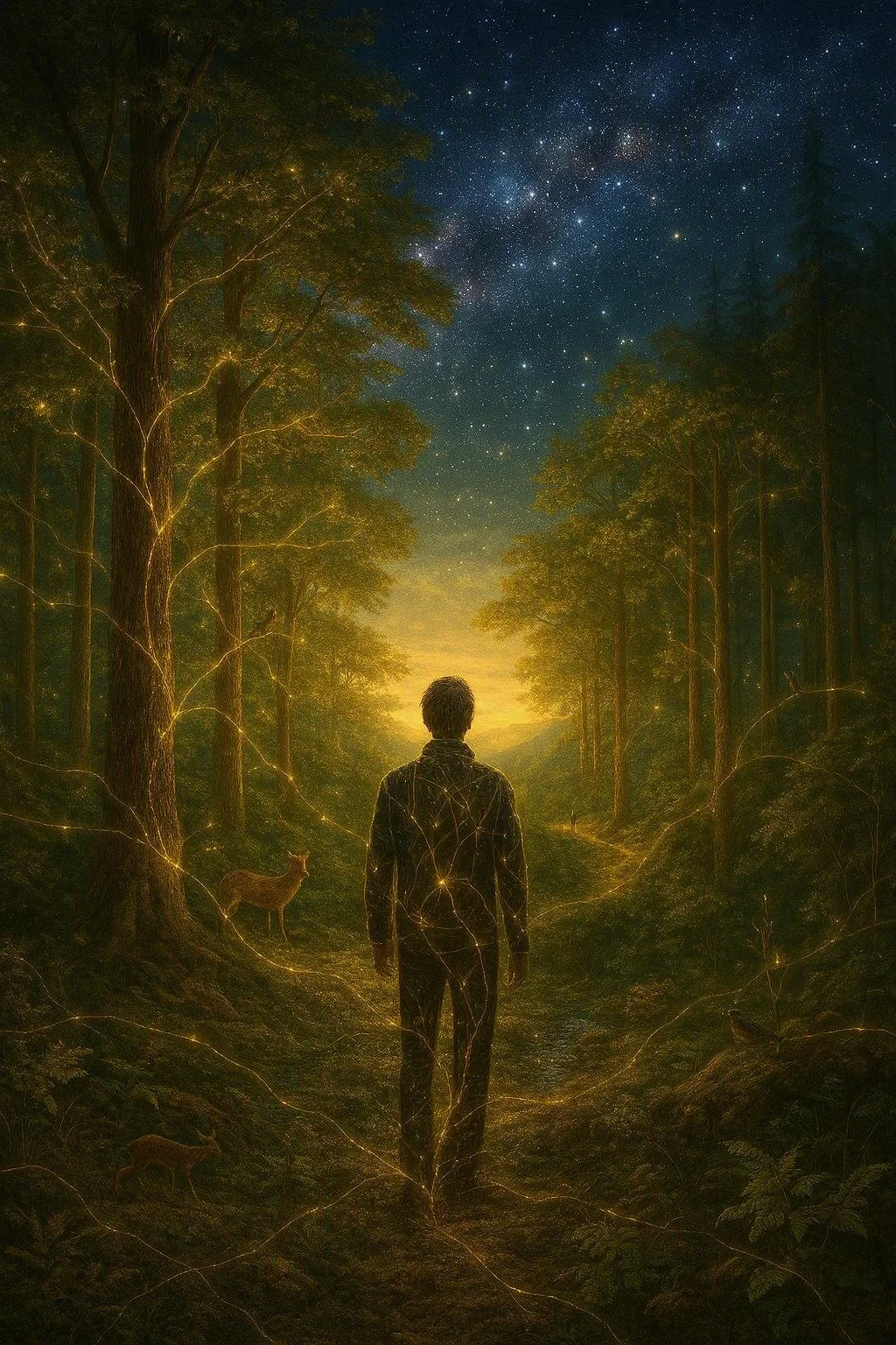 A person walking in a forest at sunset, with a starry night sky overhead, surrounded by trees and two deer, with glowing lines connecting them.
