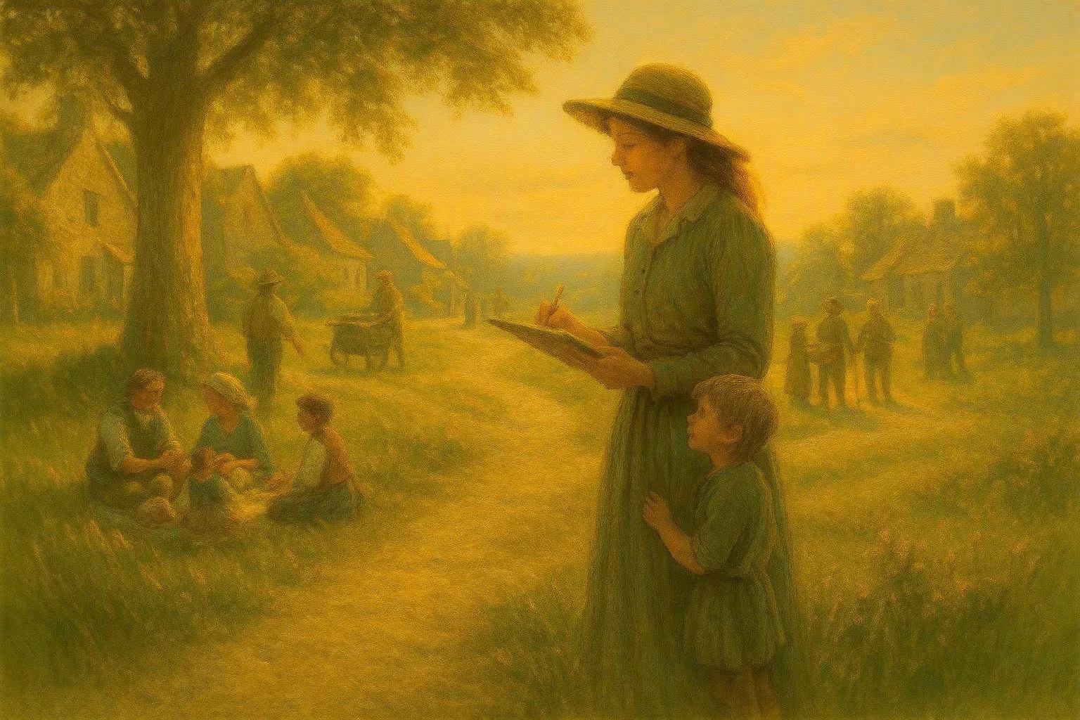 A woman and a young girl standing on a grassy path in a rural village, with the woman writing in a notebook while the girl looks on. To the left, two women are sitting on the grass, and in the background, there are several thatched-roof houses and a few people walking or working. A large tree is visible on the left side.
