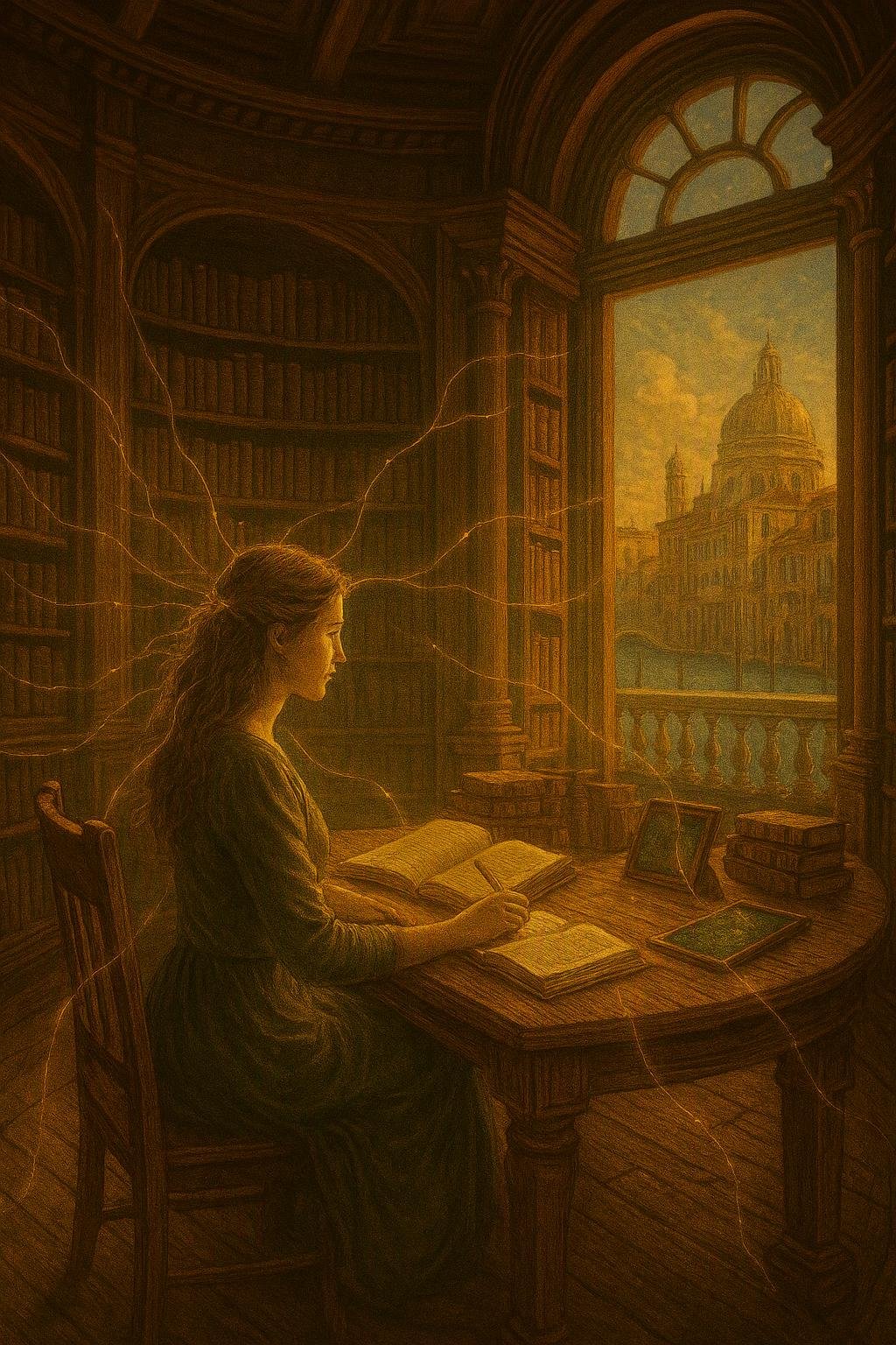 A woman sitting at a wooden desk in a dimly lit library, with an open book and digital tablet, looking thoughtfully toward a large window with a view of a domed building and cloudy sky, with bookshelves around her.
