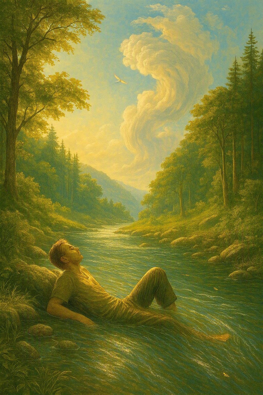 A young boy relaxing in a river surrounded by lush green trees under a clear sky with clouds and a bird flying overhead.