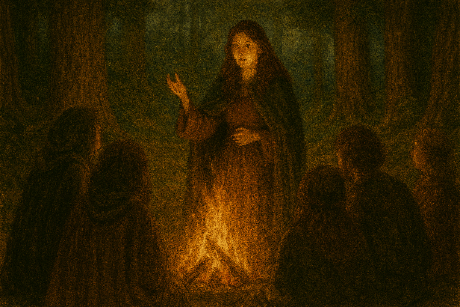 A woman appears to be speaking or teaching a group of people around a campfire in a dark forest.