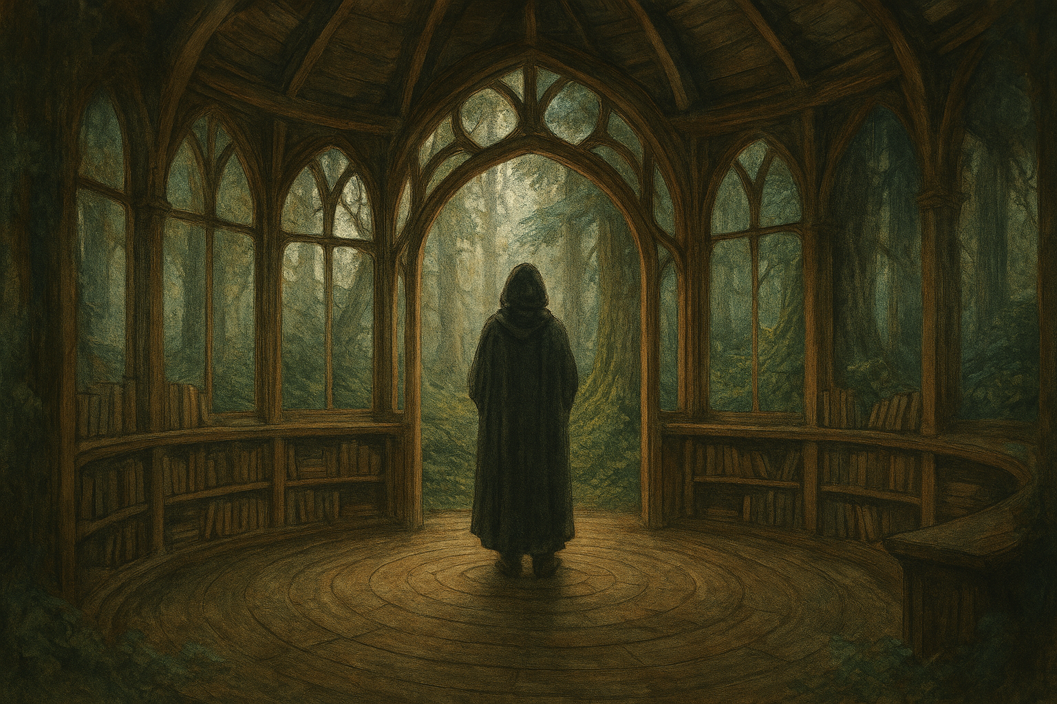A person in a dark cloak standing inside a wooden, glass-walled treehouse overlooking a lush, green forest.