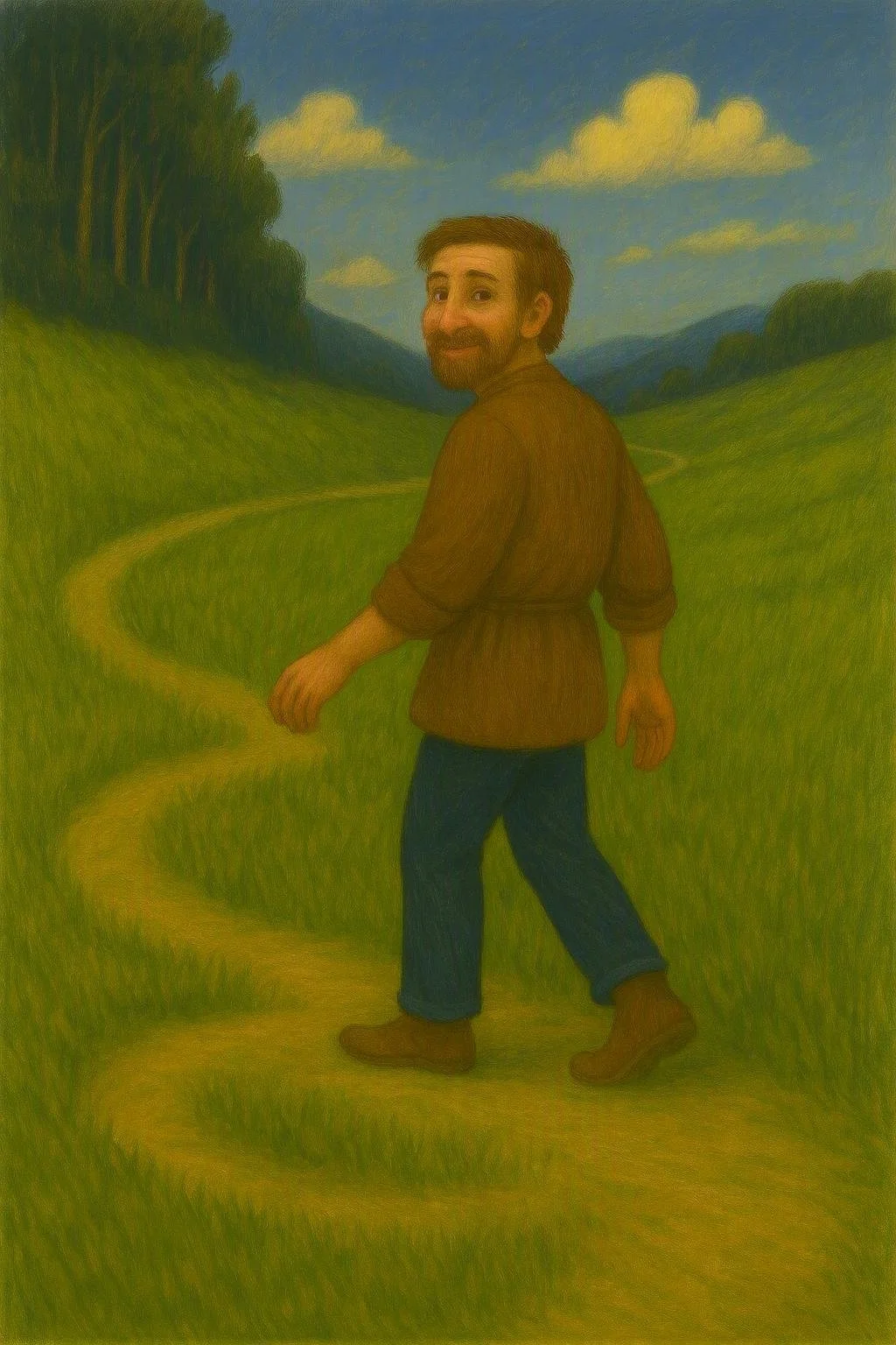 Photo of a man walking on a winding grassy path in a painted landscape with trees, hills, and clouds in the background.