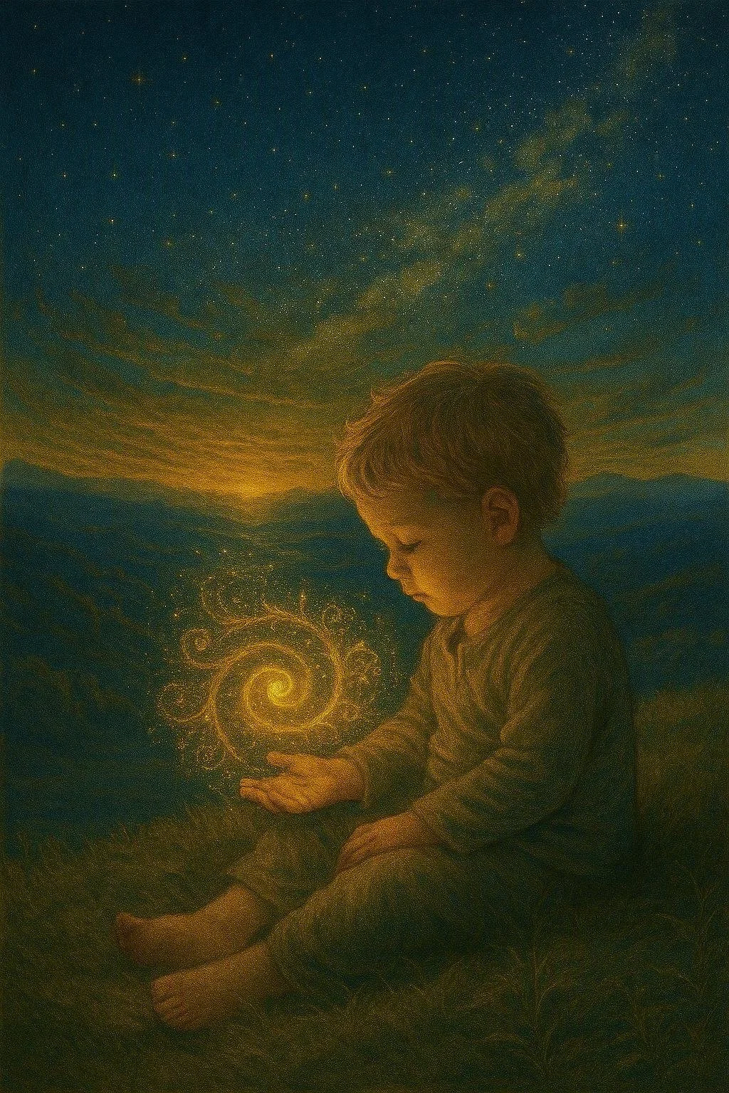 A young boy sitting outdoors at night, looking down at a glowing, swirling spiral pattern in his hand, with a starry sky and mountains in the background.
