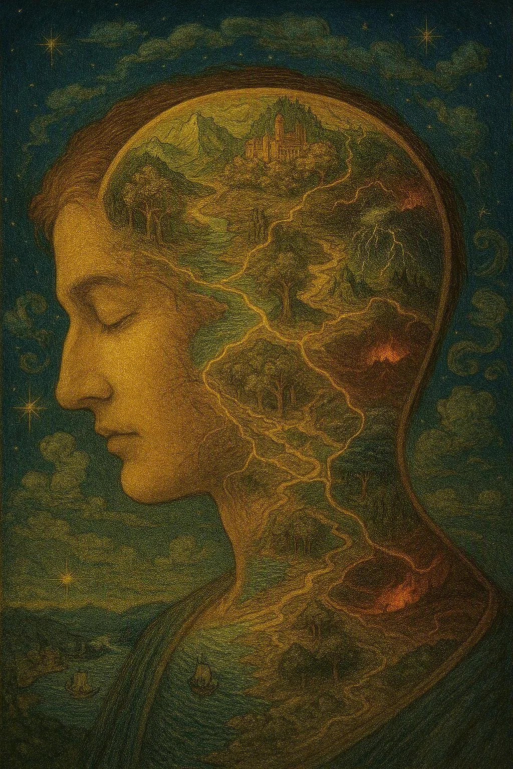 A surreal illustration of a woman's profile with a detailed landscape inside her head, including mountains, rivers, trees, a castle, and clouds, set against a starry night sky.