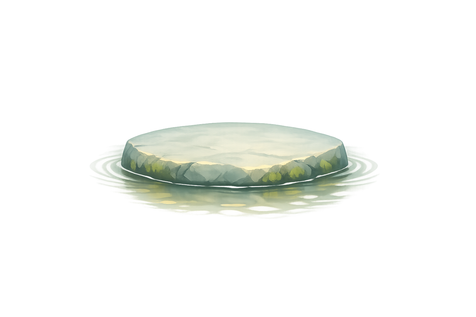 A small, flat rock with moss growing on the edges, partially submerged in calm water, with reflections visible on the surface.