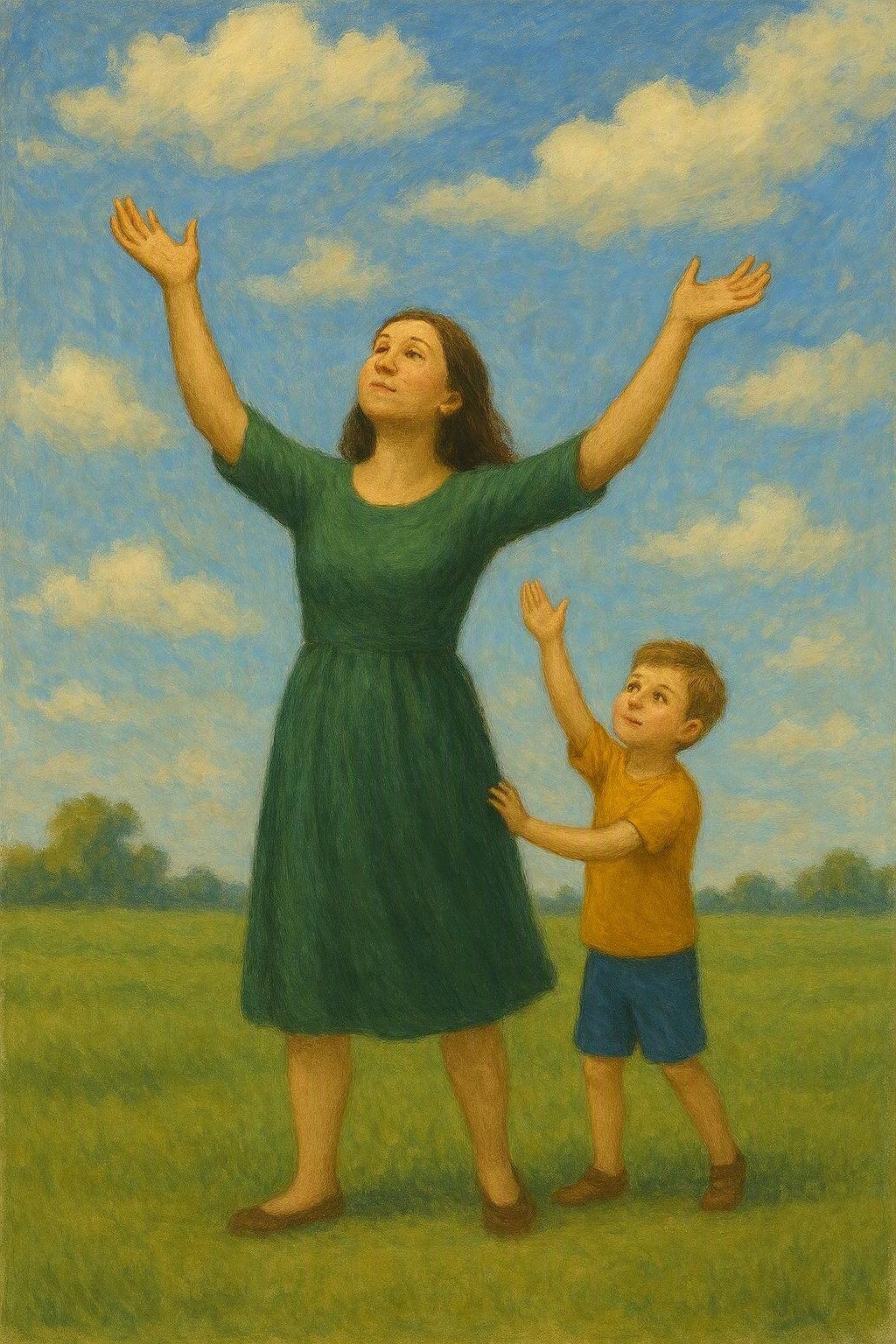 A woman and a young boy standing in a grassy field under a blue sky with scattered clouds. The woman has her arms raised and is looking up, while the boy is touching her waist and looking up at her with admiration.