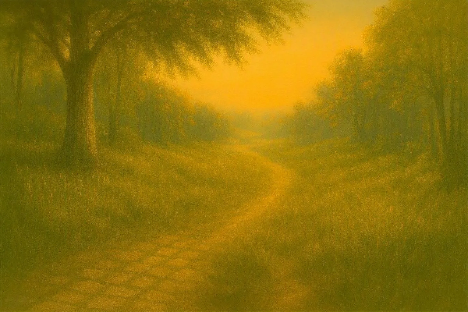 A blurred landscape scene of a dirt path winding through a grassy area with trees on either side, under a sky with a yellowish glow.