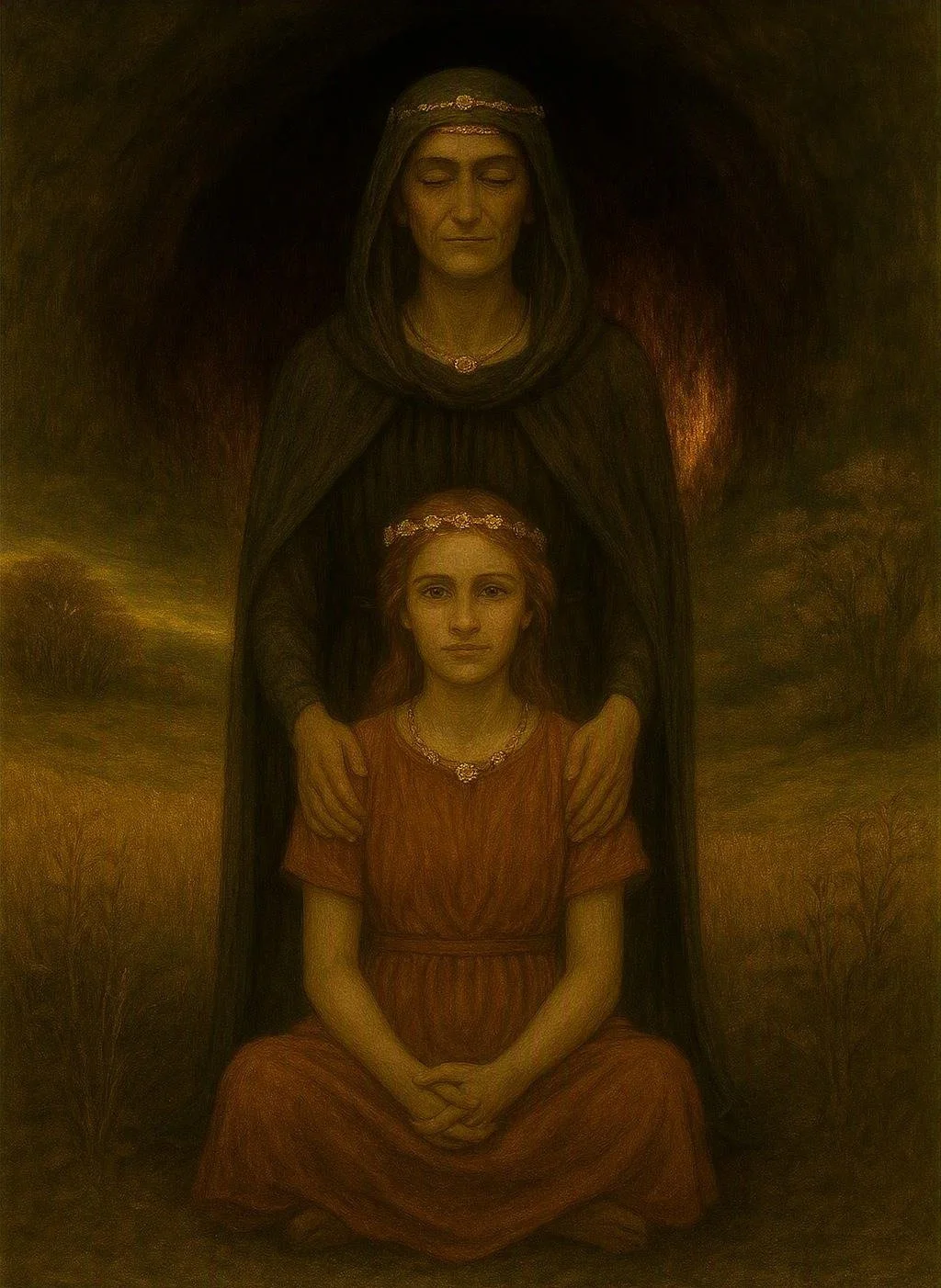 Painting of a woman standing behind a seated girl, both wearing jewelry and dark clothing, with a dark background and muted earth tones.