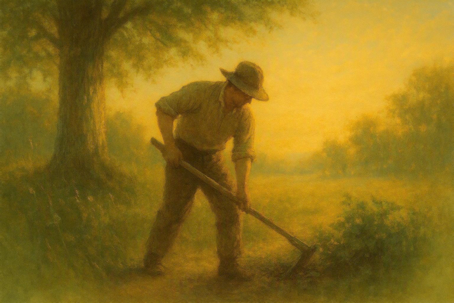 A farmer wearing a wide-brimmed hat working in a field during a dusty or smoky atmosphere.