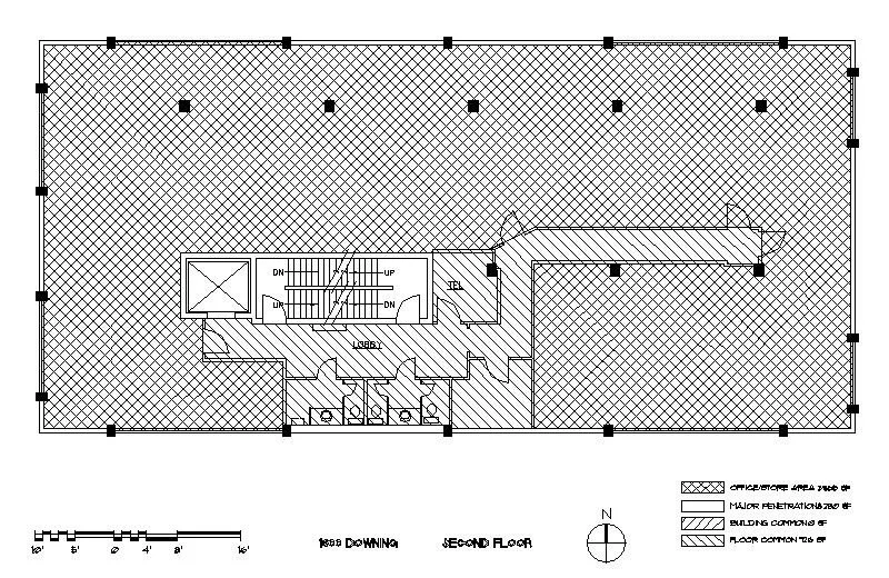Floor plan of the second floor of a building showing staircase, elevator, restrooms, offices, and open office areas with different shading patterns indicating office area, penetrations, and common floor areas.