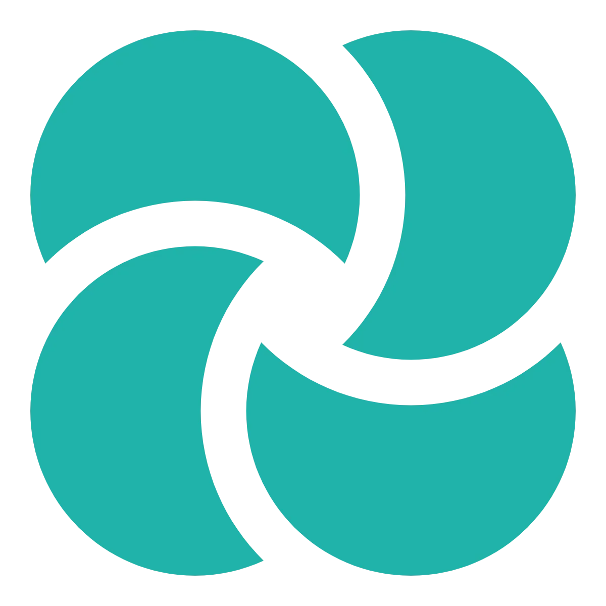A minimalist abstract logo with four teal crescent shapes interconnected to form a circular pattern.