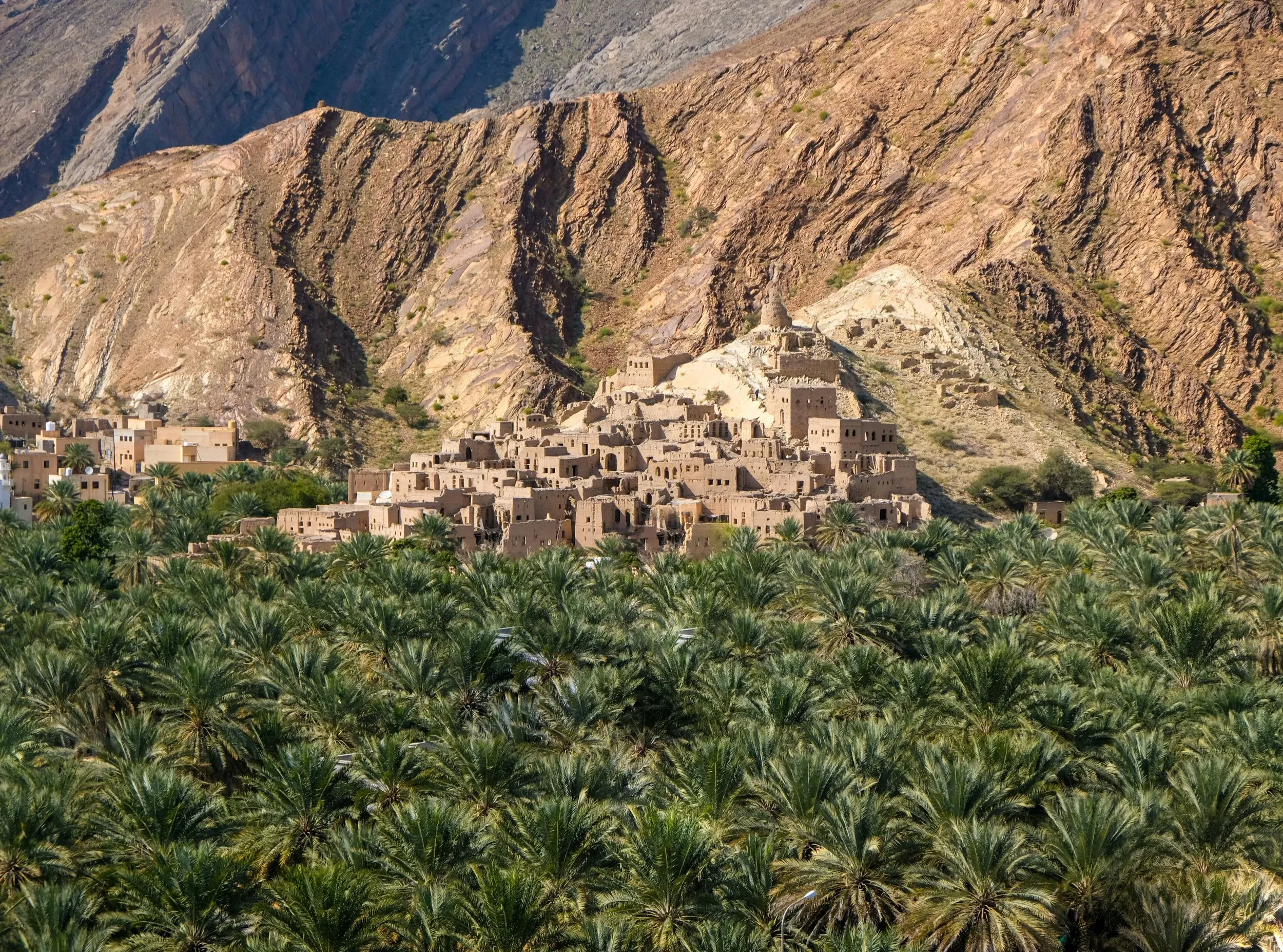 A desert mountain village with traditional adobe buildings amid lush green palm trees, with rugged brown and gray mountains in the background.