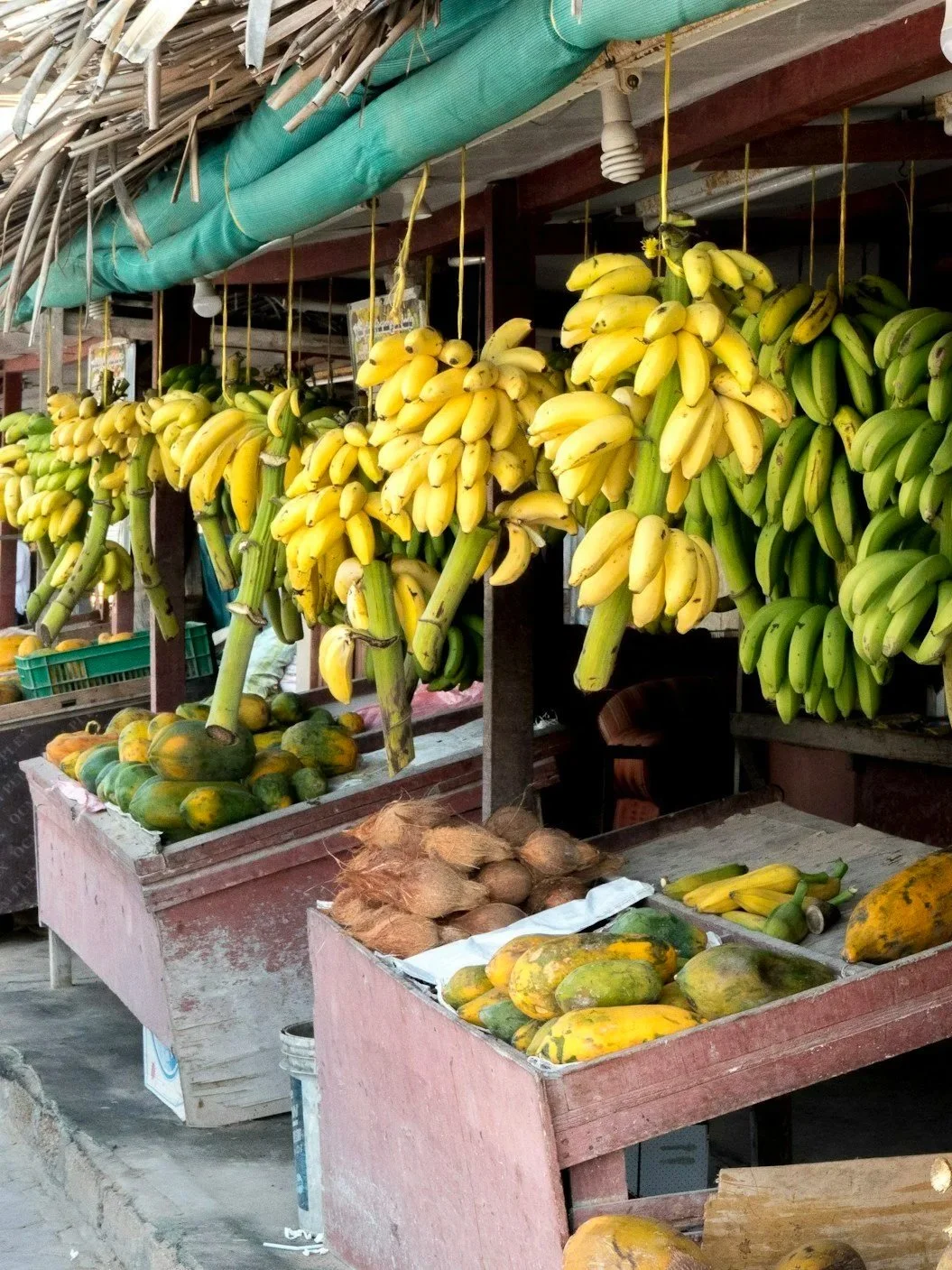 Bananas hanging at a street market stall with other tropical fruits on display.