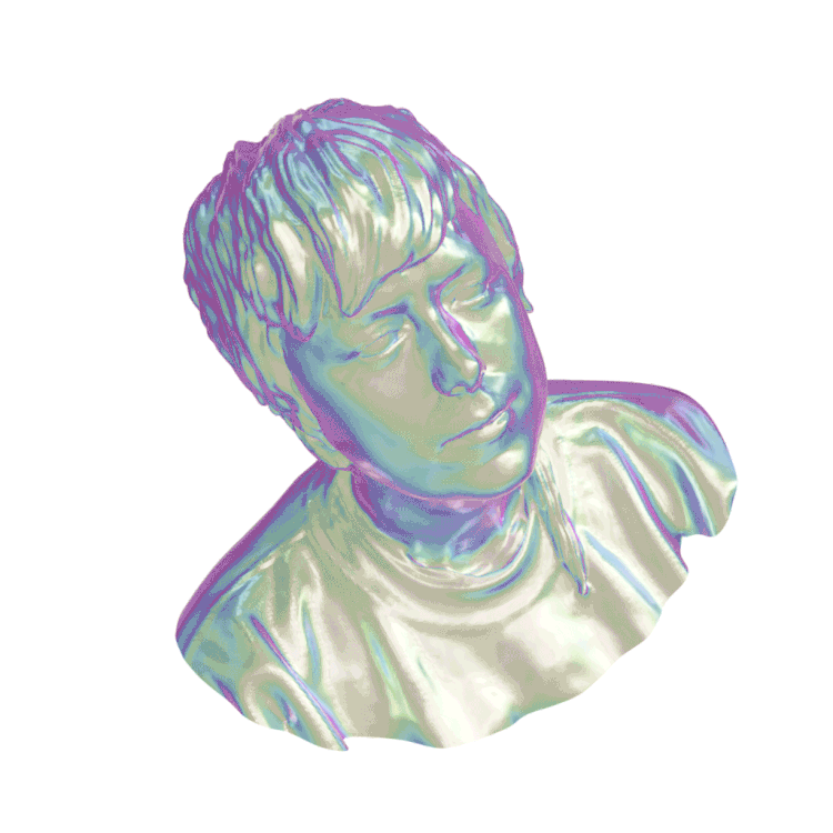 iridescent 3d head of cassandra swivels