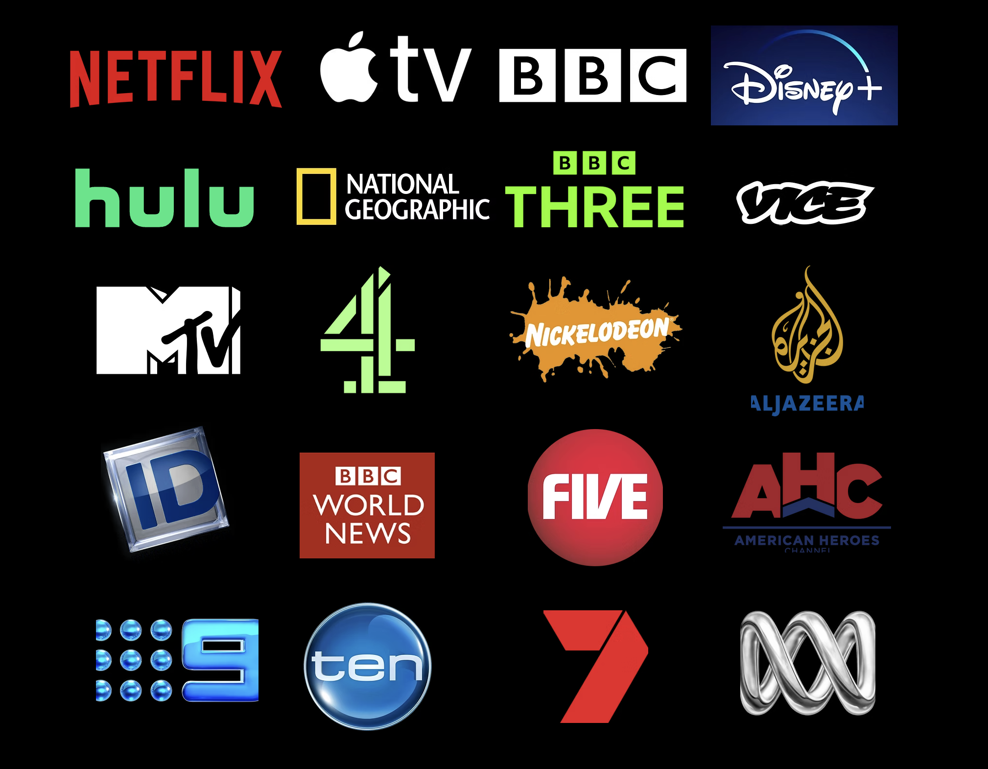 Collage of various television network and streaming service logos on a black background, including Netflix, Apple TV, BBC, Disney+, Hulu, National Geographic, BBC Three, Vice, MTV, 4+, Nickelodeon, Al Jazeera, ID, BBC World News, Five, ABC, AMC, and others.