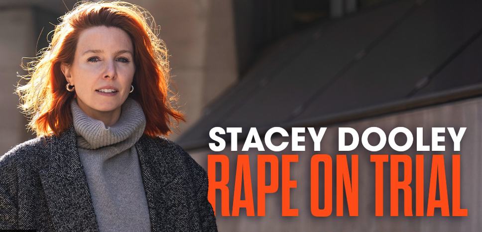 a white woman with ginger hair wearing a greay turtle neck looks to camera. text reads stacey dooley rape on trial