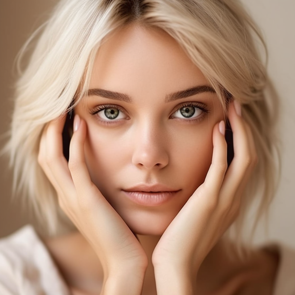 Close-up portrait of a woman with blonde hair and green eyes, resting her face in her hands.