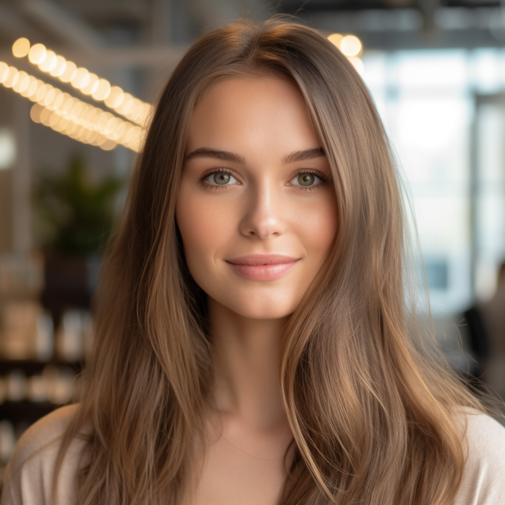 A woman with long brown hair smiling in a softly blurred indoor setting with string lights in the background.