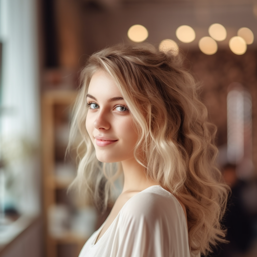 Portrait of a smiling woman with blonde curly hair standing in a softly lit indoor setting.