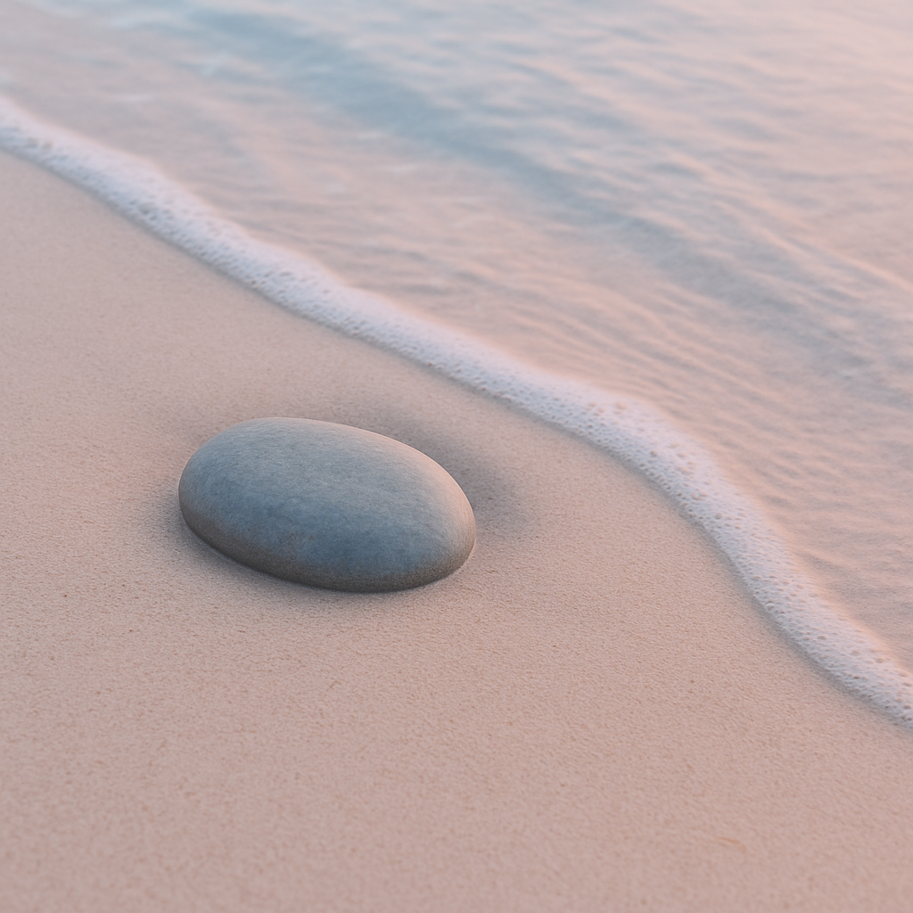 Smooth stone on sandy beach with gentle ocean wave.