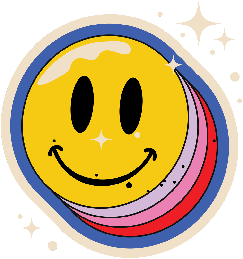 Un visage souriant de style smiley en couleur jaune, avec des détails de peinture en couches colorées en dessous, entouré d’un contour bleu et décoré de petites étoiles brillantes.