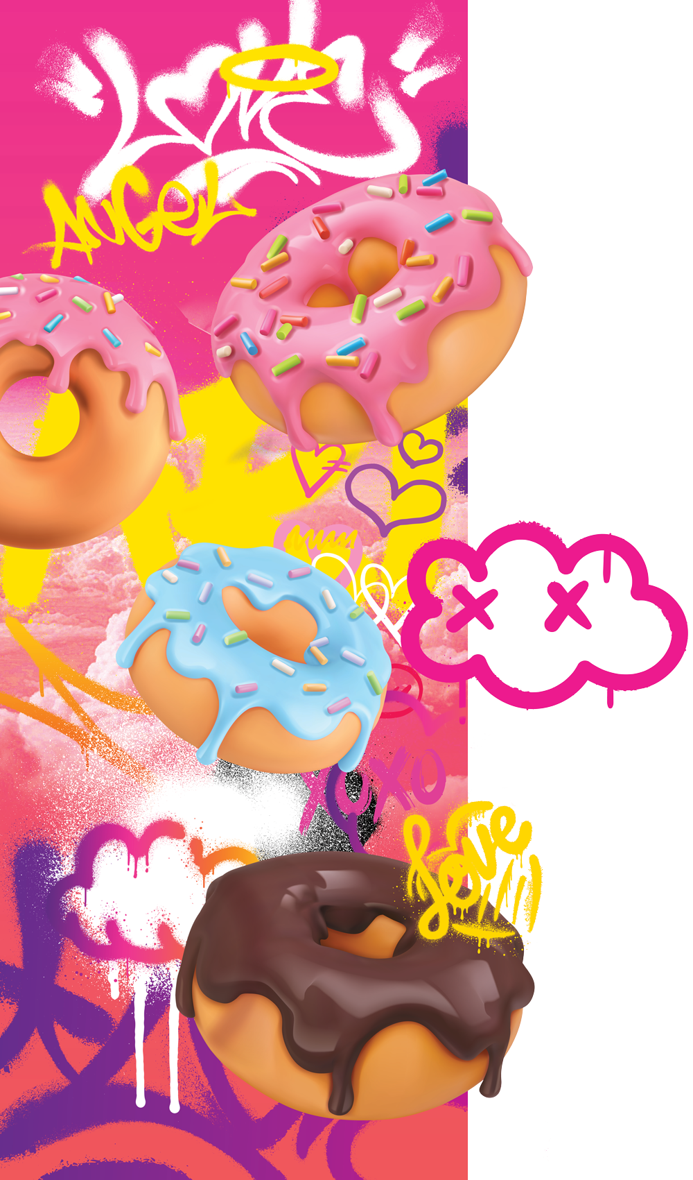 Quatre donuts décorés avec différentes glaçures et sprinkles, avec des dessins graffitis colorés en arrière-plan.