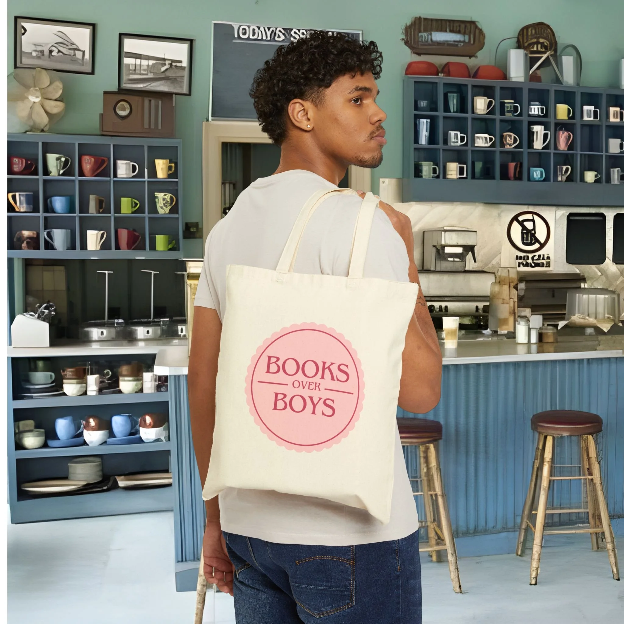 Books Over Boys Tote Bag — Cute Pink Literary Canvas Book Lover Gift