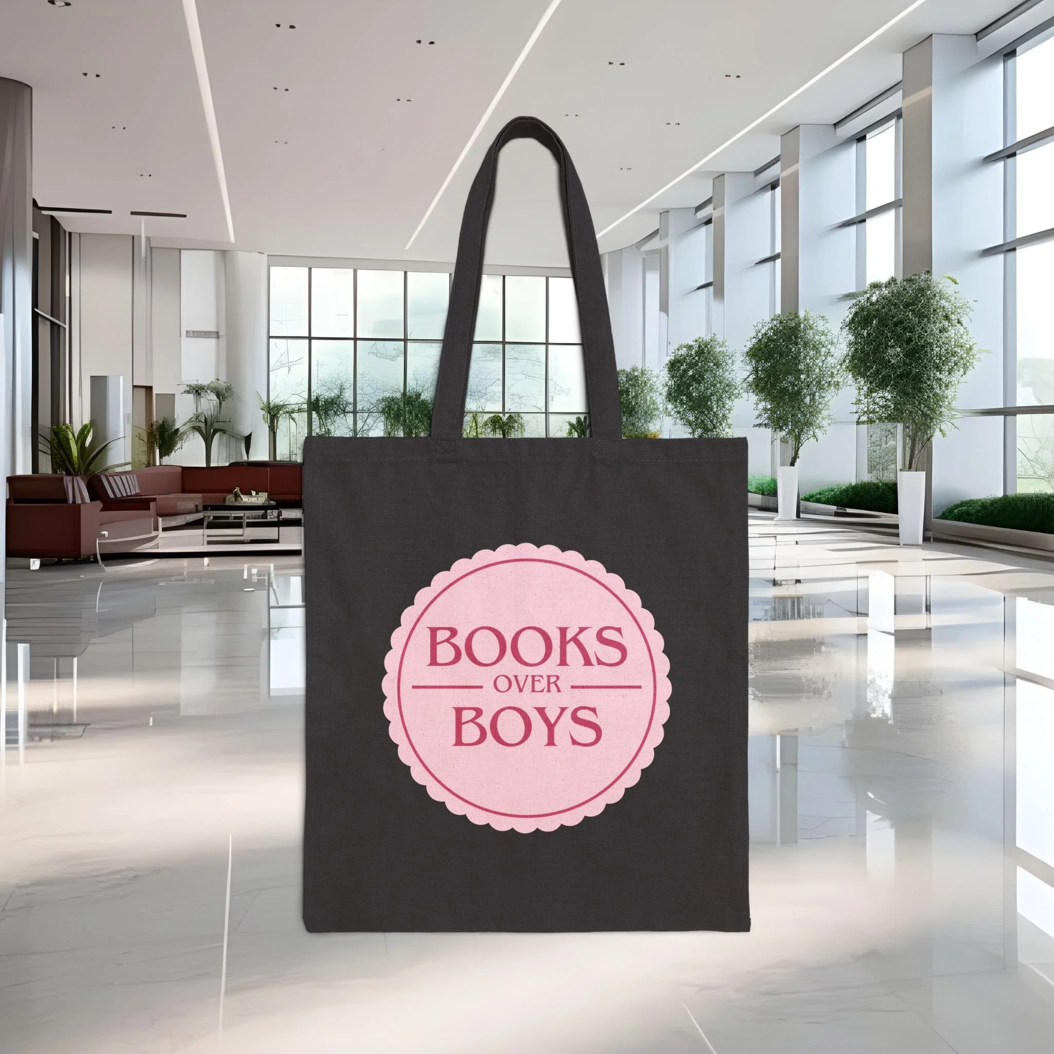 Books Over Boys Tote Bag — Cute Pink Literary Canvas Book Lover Gift