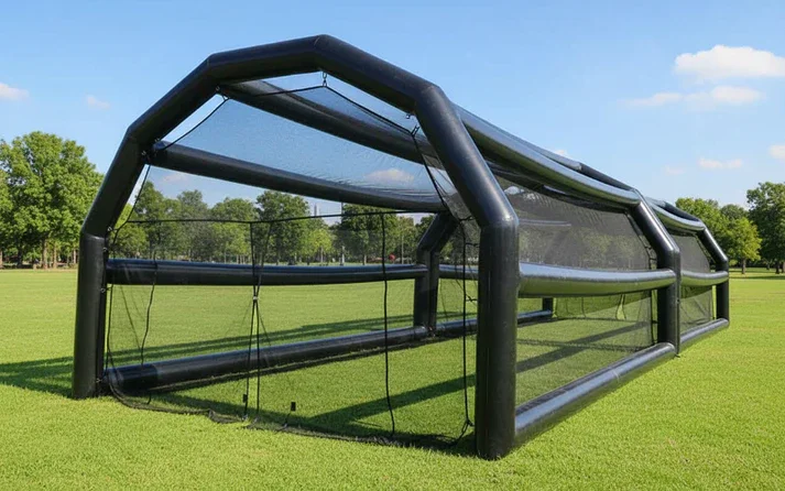 Inflatable soccer goal on a grassy field with trees in the background.