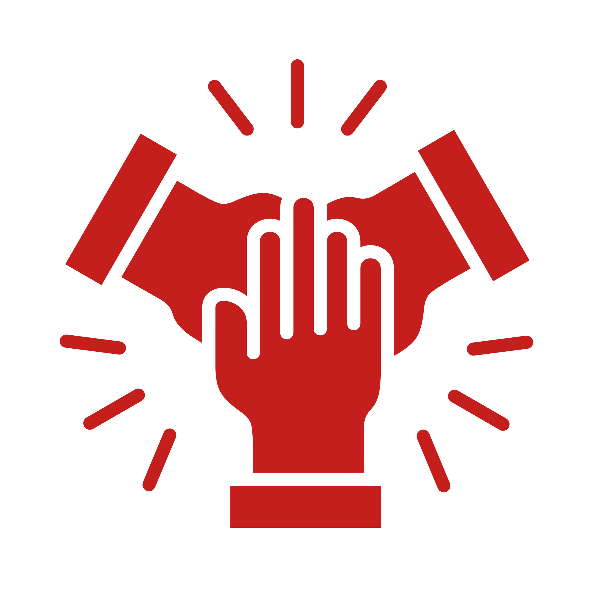 A red illustration of a hand with a raised index finger, surrounded by radiating lines, and the letters 'dhp'.
