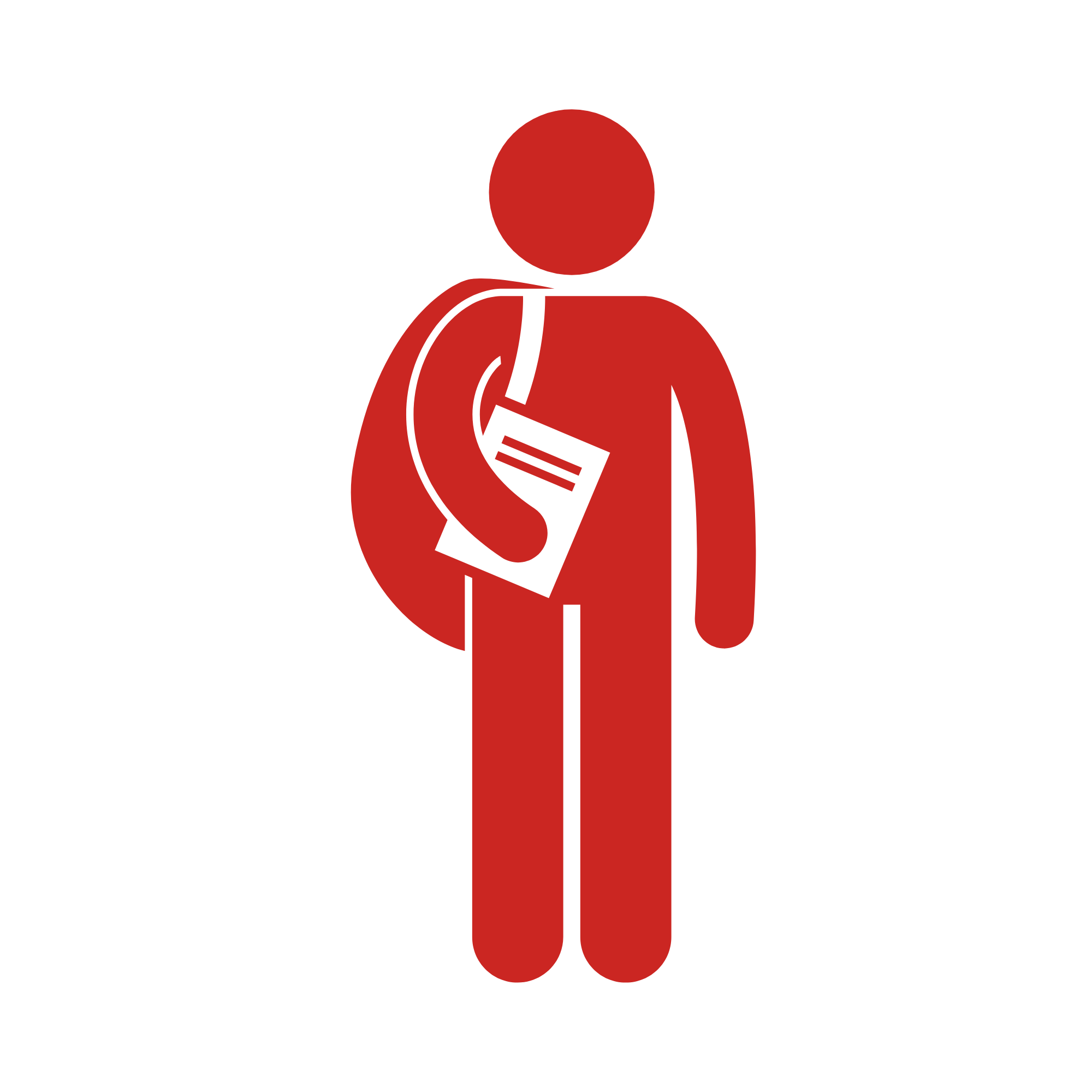 A simple digital icon of a person with a backpack, depicted in red on a black background.