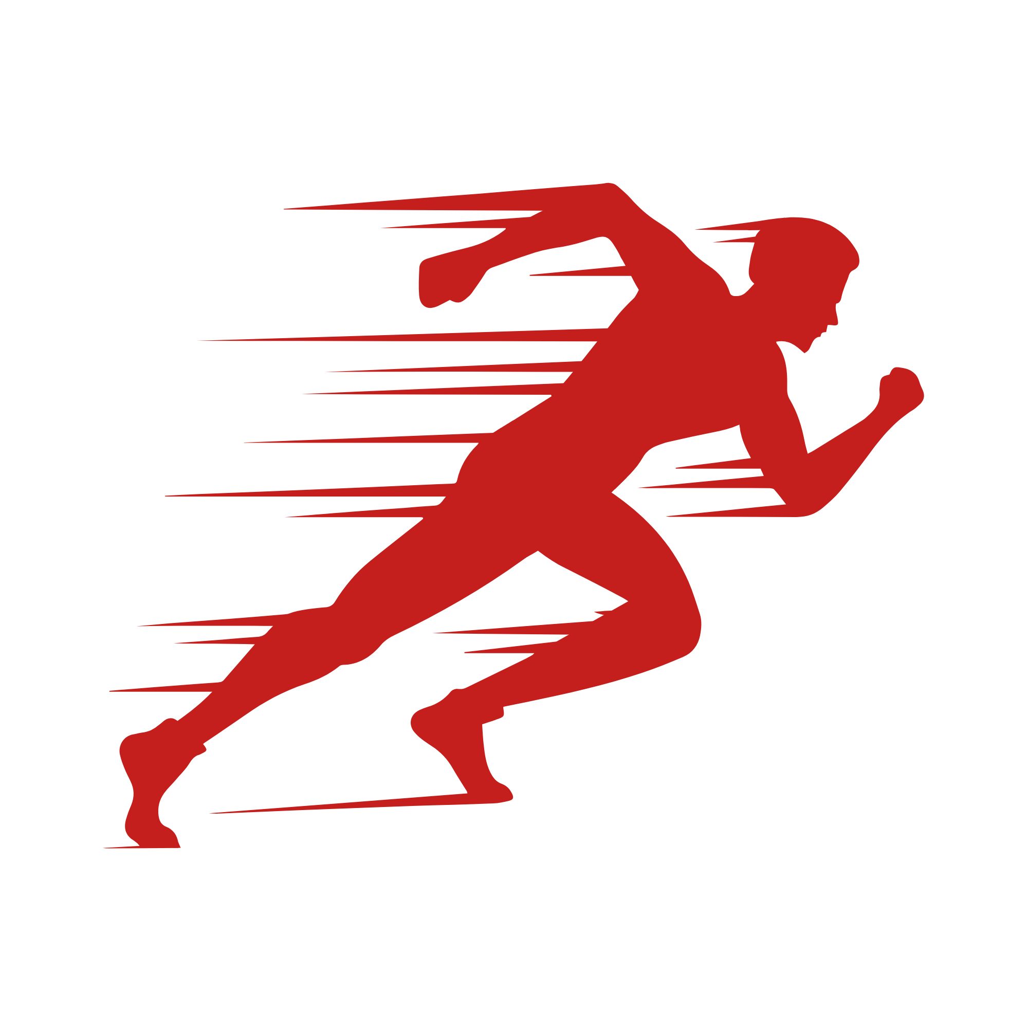 A red silhouette of a person running, with speed lines indicating motion.