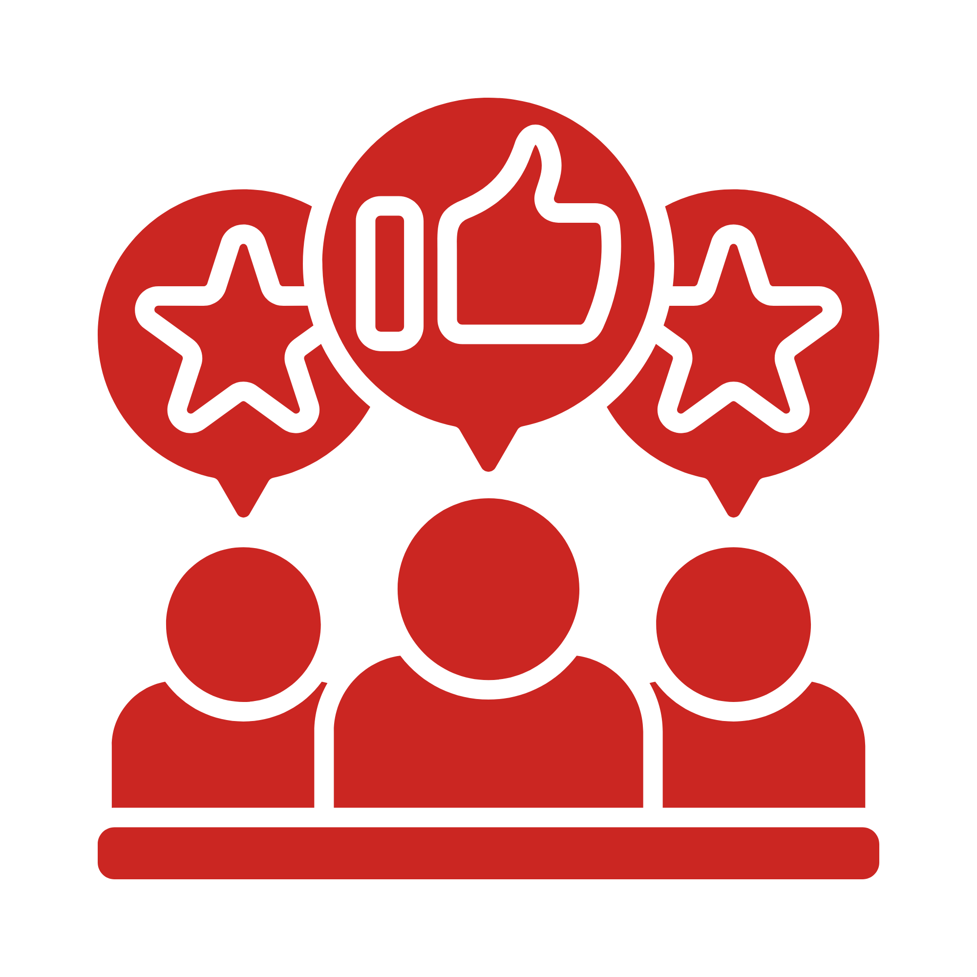 Red illustration of a person with a thumbs-up sign inside a circle, surrounded by stars and circles.