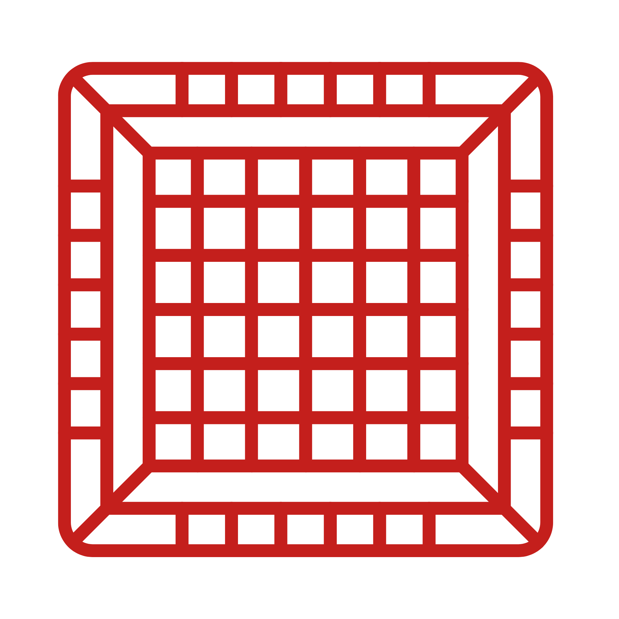 Red outline of a 3D speech bubble with a grid pattern.
