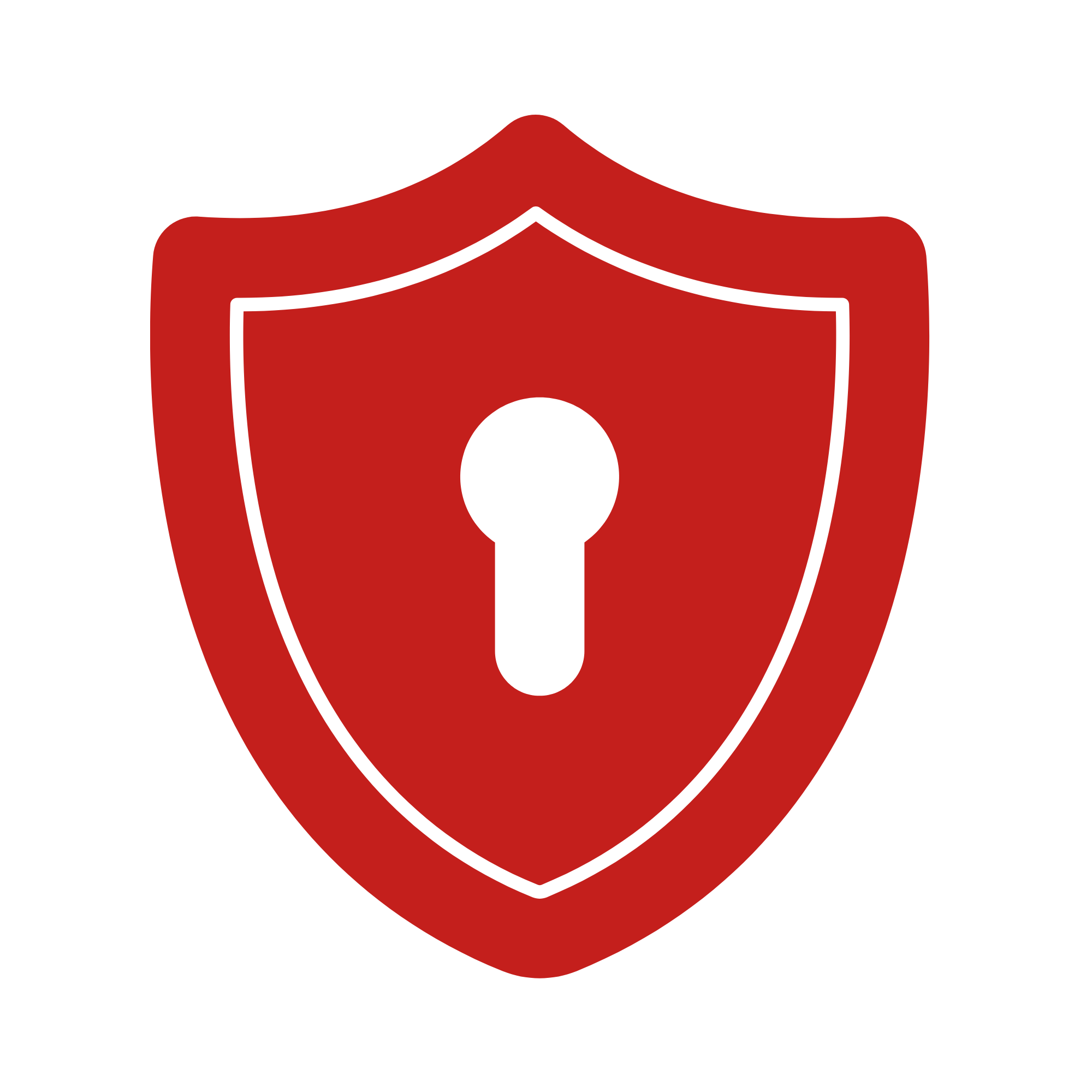 A red shield with a white border and a white circular shape in the center.