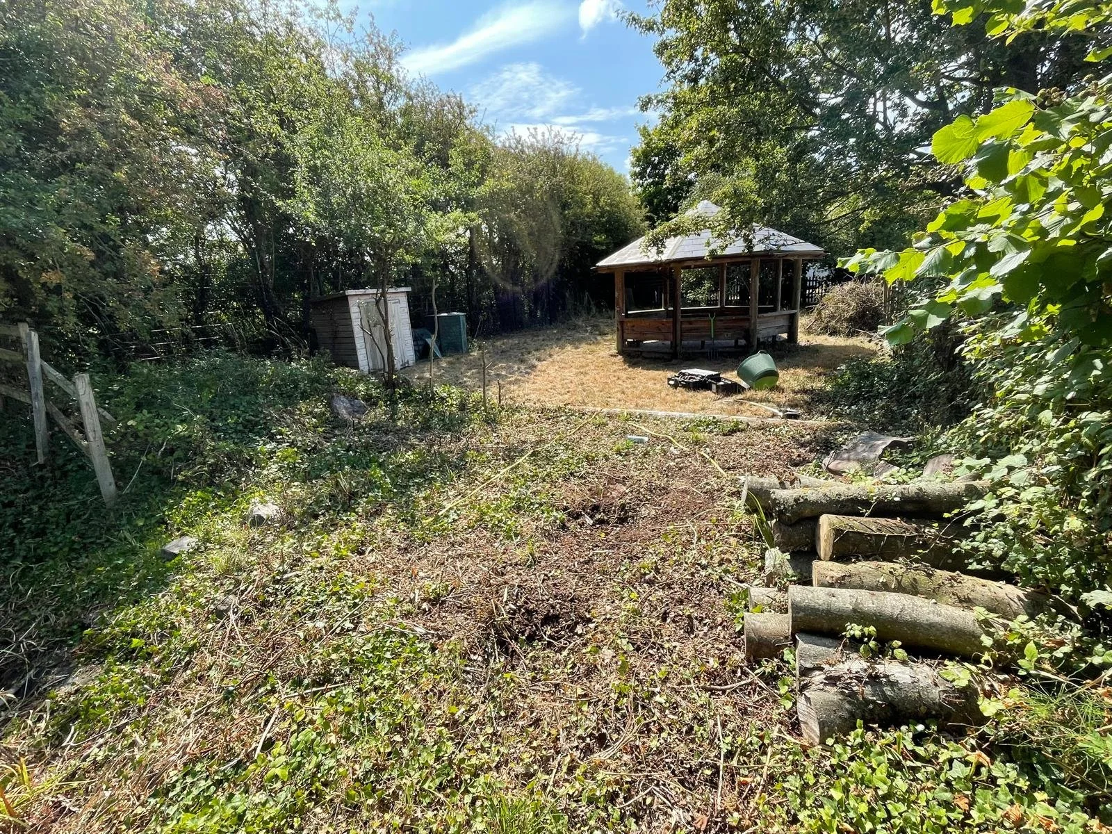 Backyard with overgrown grass, small sheds, a wooden gazebo, and trees providing shade on a sunny day.