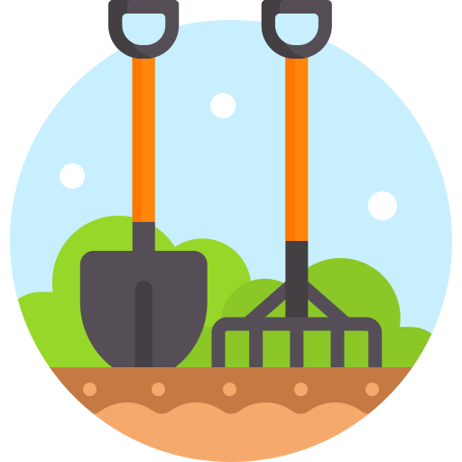 A shovel and a garden rake in the soil with bushes and a partly cloudy sky in the background used as an icon to highlight the expertise of an RHS qualified professional and Gardeners Guild member with a lifelong passion for conservation.