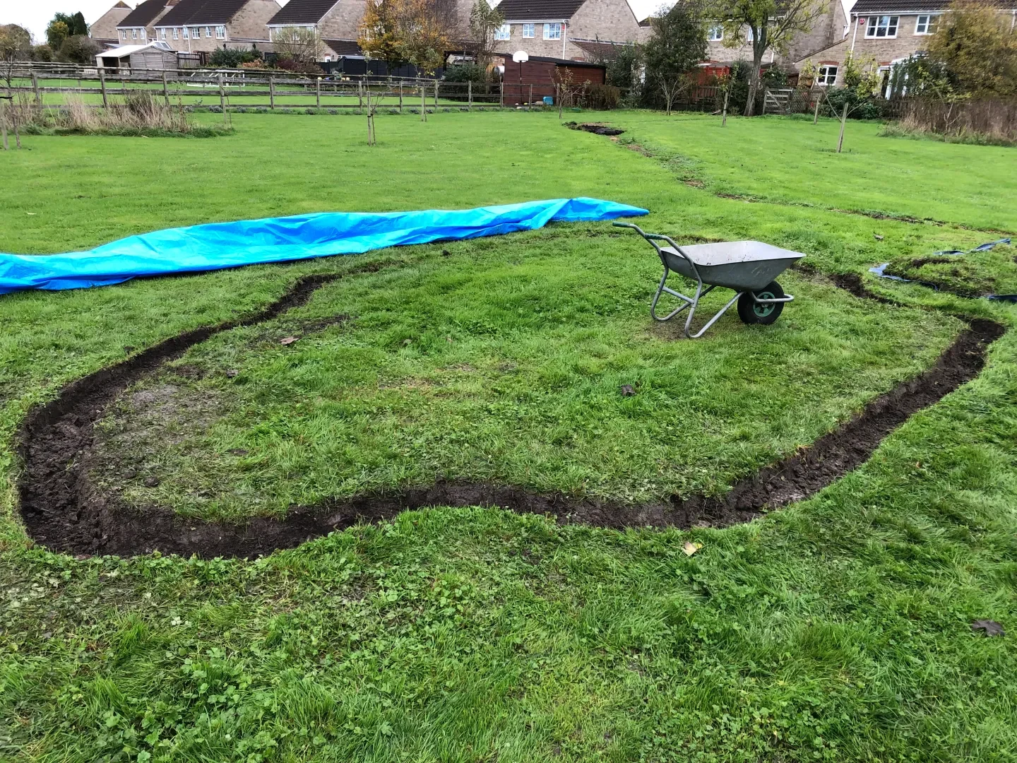 A backyard being prepared for landscaping, with a dug-out hole in the shape of a rectangle and a curved pathway, a blue tarp laid on the grass, a wheelbarrow, and houses with trees in the background.
