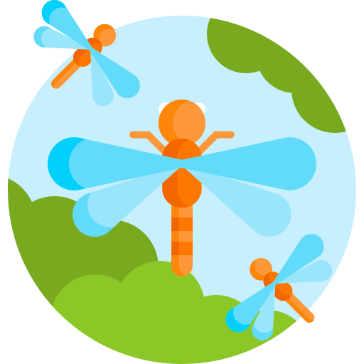 Illustration of three dragonflies flying near green trees and bushes in a sunny outdoor setting used as an icon to highlight biodiversity that a multitude of habitats attracts.