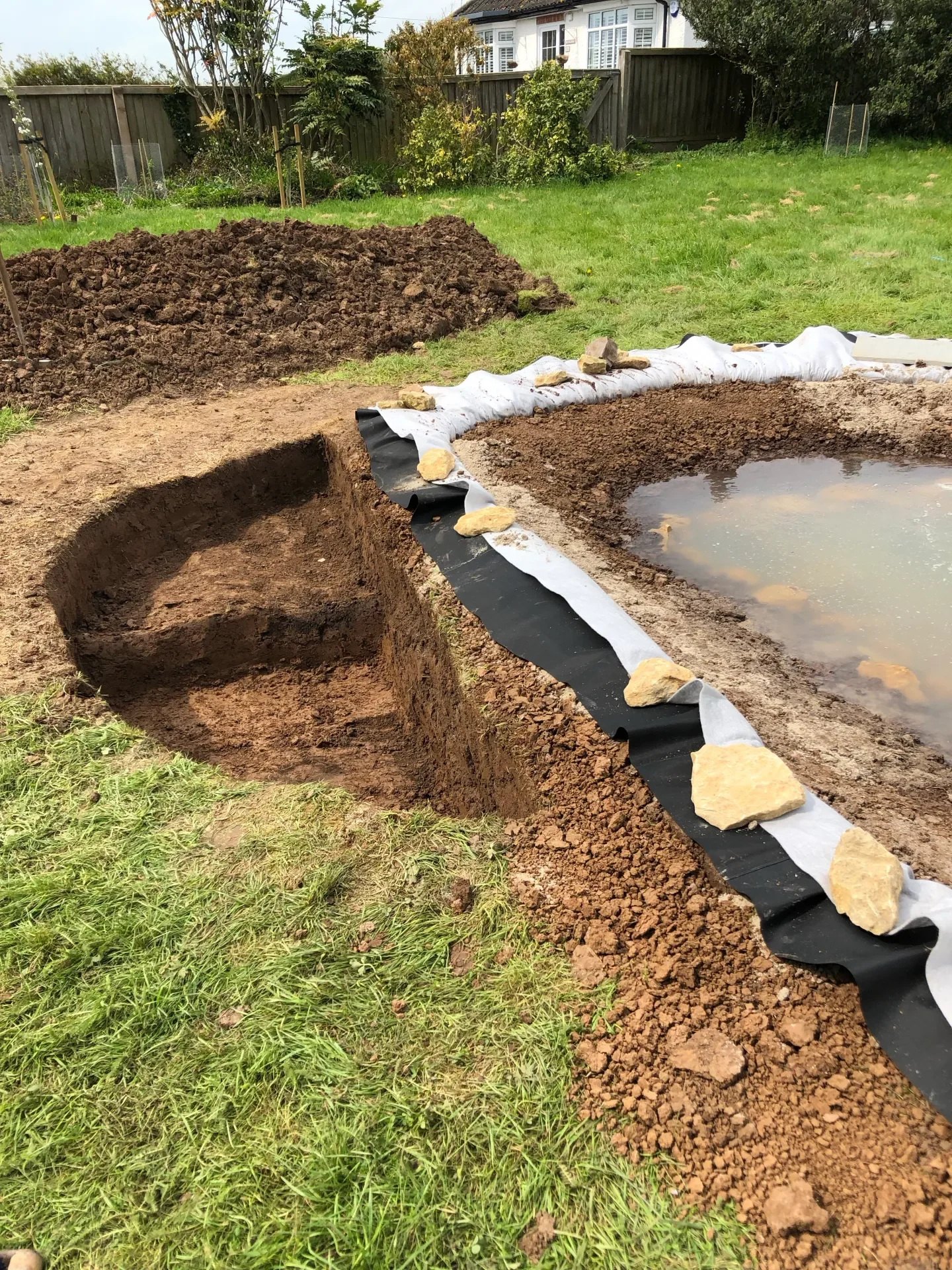 A garden pond under construction with dug-out area, pond liner held down with rocks, and a small pile of soil nearby, in a backyard with grass, plants, and a wooden fence.