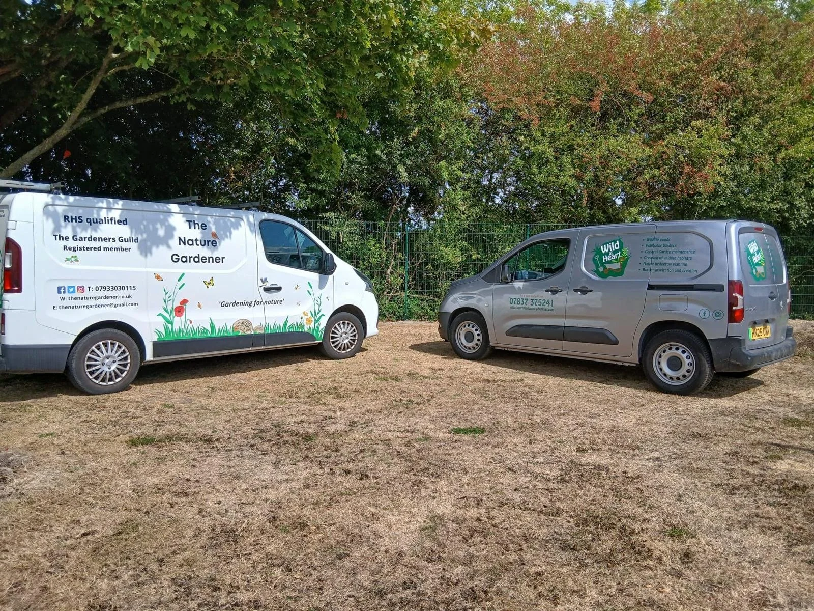 Two parked company vans in front of a green fence and trees. The left van is 'The Nature Gardener,' featuring illustrations of plants, insects, and text about gardening for nature. The right van is grey with branding for 'Wild at Heart'