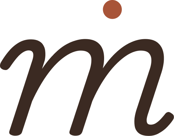 A stylized logo with a lowercase 'm' in brown and a small brown circle above the right side of the letter.