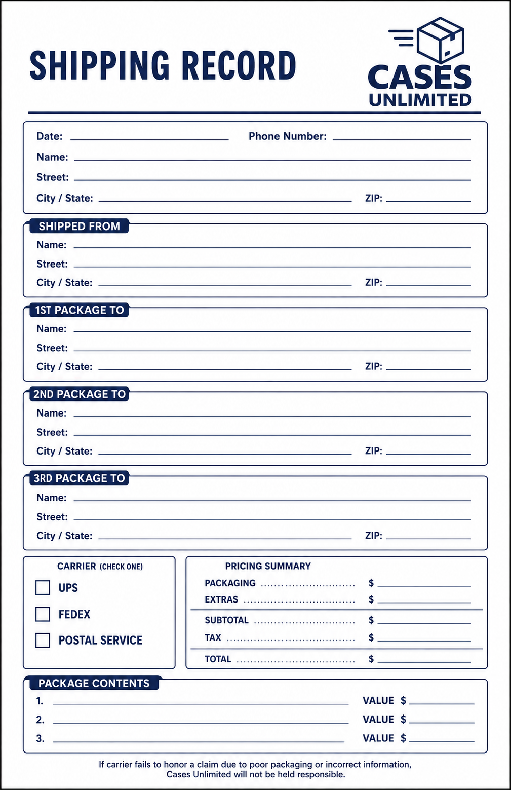 A printed shipping record form with fields for sender and recipient information, package details, shipping carrier options, pricing summary, and package contents, branded with 'Cases Unlimited' logo.